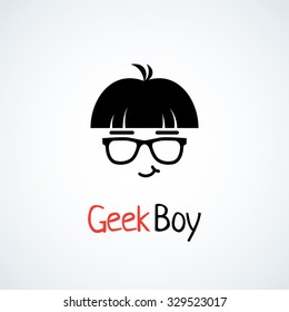 Geek Logo Design Template With Boy In Glasses. Vector Illustration.