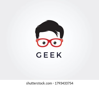 Plantilla de diseño de logotipo geek con cara en gafas. Ilustración vectorial.