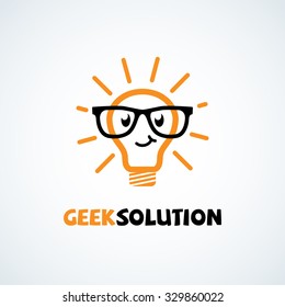 Geek logo design template with light bulb in glasses. Vector illustration.