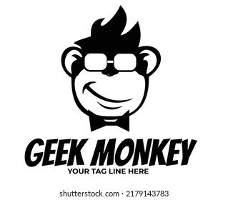 Geek logo design template with monkey in glasses. Vector illustration