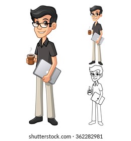 Geek Man with Glasses Holding a Coffee and Notebook Cartoon Character Include Flat Design and Line Art Version Vector Illustration