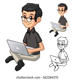 Geek Man with Glasses Playing Typing Notebook Cartoon Character Include Flat Design and Line Art Version Vector Illustration