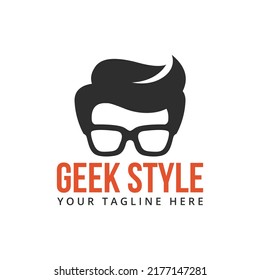 Geek Man Head Wearing Glasses and Wavy Hair Illustration Fashion Nerd Gamer Logo Vector