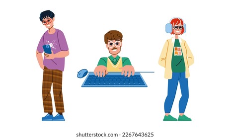 geek man vector. glasses young, business office, handsome technology, laptop computer, guy work, student geek man character. people flat cartoon illustration
