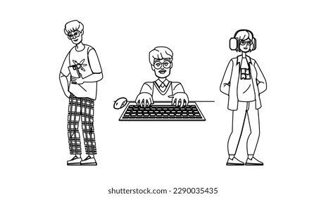 geek man vector. glasses young, business office, handsome technology, laptop computer, guy work, student geek man character. people Illustration