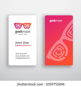 Geek Maze Abstract Vector Business Card Template. Premium Stationary Realistic Mock Up. Modern Typography and Soft Shadows. Glasses with Incorporated Labyrinth Concept Emblem. Isolated.