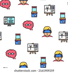 Geek, Nerd And Gamer Vector Seamless Pattern Thin Line Illustration