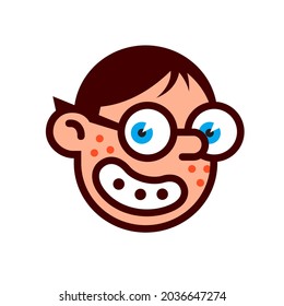 Geek nerd with glasses. The head of the branded character for the logo. Vector. Kawaii cute blue-eyed hero. The image is isolated on a white background.