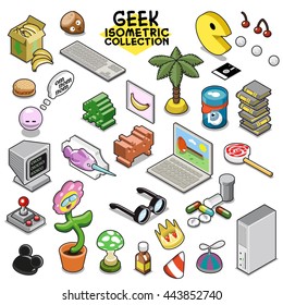 Geek and nerd items collection. Isometric vector set 