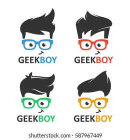 Geek Or Nerd Logo Vector Set. Cartoon Face Smart Boy With Glasses. Icons For Education, Gaming, Technological Or Scientific Applications And Sites. 