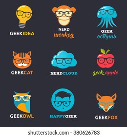 Geek, nerd, smart hipster icons - animals and symbols