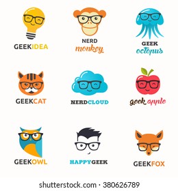 Geek, nerd, smart hipster icons - animals and symbols