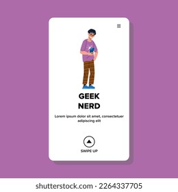 geek nerd vector. glasses young, man funny, computer guy, portrait success geek nerd web flat cartoon illustration