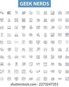 Geek nerds line icons, signs set. Geek, Nerds, Technology, Programmer, Computer, Nerd, Geeky, Coder, Gaming outline vector illustrations.