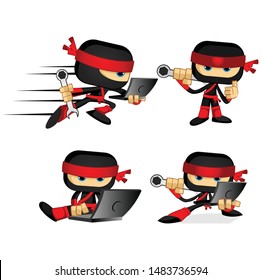 geek ninja with laptop character vector