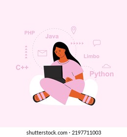 Geek With Notebook, Teen Girl Programming Or Learning Web Language. Young Woman Coding, Study Or Development. Vector Female IT Worker Character