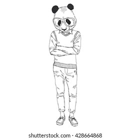 geek panda boy, furry art illustration, fashion animals, hipster animals