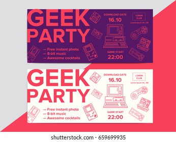 Geek party poster with electronic gadgets from 90s on trendy background. Hipster night club event flyer ad layout with retro tech devices. Nightclub music minimalistic invitation banner template.