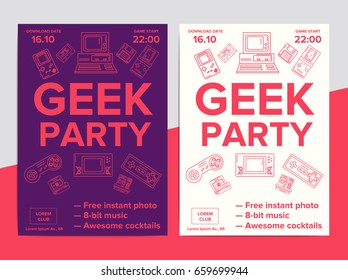 Geek party poster with electronic gadgets from 90s on trendy background. Hipster night club event flyer ad layout with vintage tech devices. Nightclub music minimalistic invitation banner template.