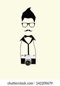 geek photographer man with old camera vintage vector