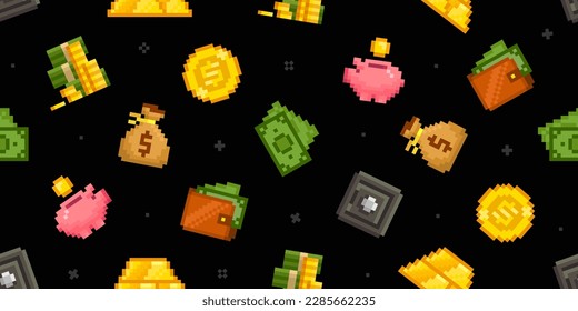 Geek Pixel Art Cash Money background. Pixel Wallet with banknotes and Pixel Piggy Bank. Pixel  Money Seamless Pattern. Gold Coin. Payment icons in retro video game style. Editable vector
