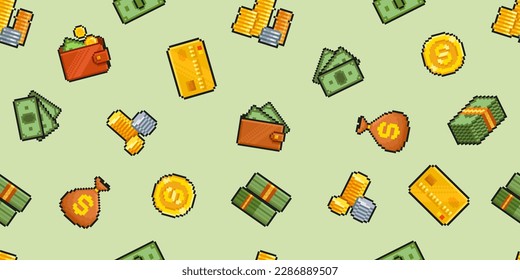 Geek Pixel Art Cash Money seamless pattern. 8-bit Pixel Wallet with banknotes and Golden Credit Card. Pixel Money Background. Payment icons in retro video game style. Editable vector
