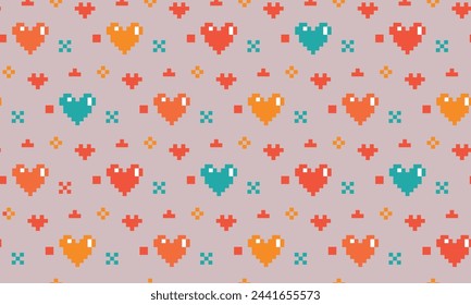 Geek Pixel hearts seamless pattern for Valentine's Day, wrapping paper. Orange, rex, blue colors Pixel hearts background with pixel video game style Vector elements