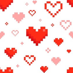 Geek Pixel Hearts For Valentine's Day Seamless Pattern. Pixel Hearts Background In Retro Video Game Style. Vector Template