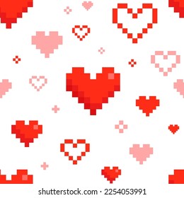 Los corazones de Geek Pixel por el Día de San Valentín son ininterrumpidos. El fondo de los corazones de Pixel en estilo de videojuegos retro. Plantilla de vector