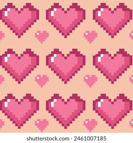 Corazones Geek Pixel para San Valentín patrón sin fisuras. Video Fondo de corazones de píxeles en retro Plantilla de Vector