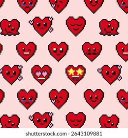 Geek Pixel hearts for Valentine's Day seamless pattern. Pixel hearts background in retro video game style. Vector template