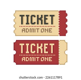 Geek Pixel Ticket icons. Pixel Art tickets with a control line isolated vector. Cinema, Concert, Movie symbol. Retro game 8 bit art style ticket.