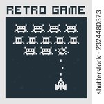 Geek Poster Space Arcade in 8-bit retro video game style.  Simple game of flat pixel graphics isolated vector illustration
