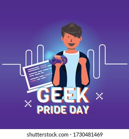 Geek pride day with illustration vector character hand holding joystick design