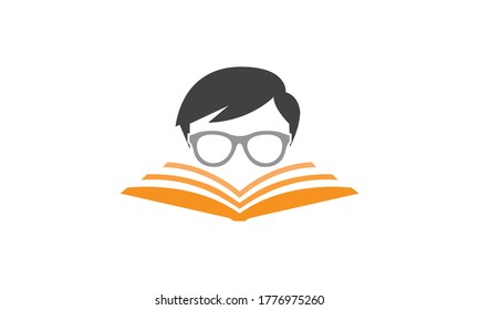 Geek read a book logo design, a student wearing glasses, learning character vector illustration on white background