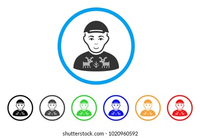 Geek rounded icon. Style is a flat geek grey symbol inside light blue circle with black, gray, green, blue, red, orange color versions. Glad geek vector pictogram. Human face has joy emotions.