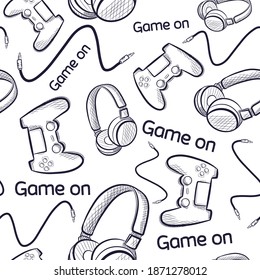 Geek seamless pattern with gamepads and headphones. Repetitive background with tech and hardware elements for gaming.