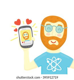 Geek with smartphone gadget get some likes in social network vector illustration