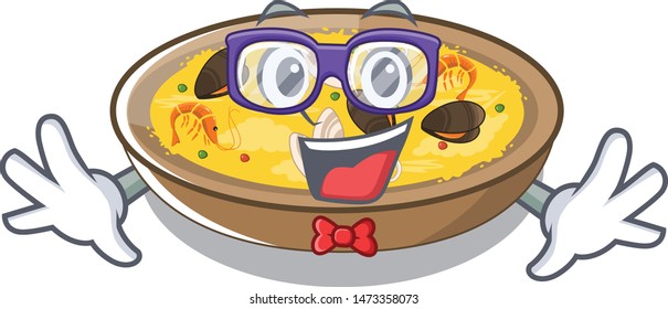 Geek spanish paella cooked in cartoon skillet
