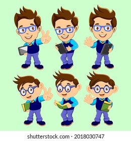 Estudiante geek sostiene tableta y libro