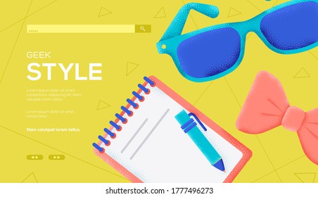 volante de concepto de estilo geek, banner web, encabezado ui, introducir sitio. Diseño de concepto de estilo de icono de línea delgada. Textura del grano y efecto de ruido. 