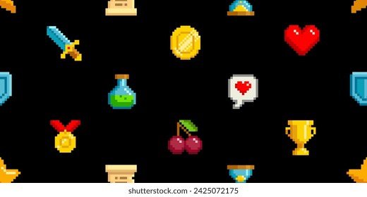 Geek style fashion seamless pattern. Pixel icons background of retro video game in 8-bit style. Golden coin, cherry, scroll, hourglass, potion pixel icons. Vector pixel graphics