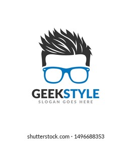 Geek style logo design template, man head with glasses and cool hair