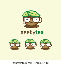 geek tea logo design template, fun and cute character logo