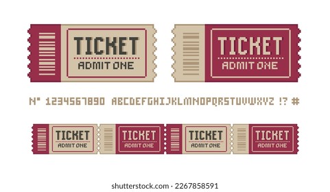 Geek Ticket icons. Pixel Ticket vector design with ticket endless ribbon in retro 8-bit video game style.  Vintage coupon