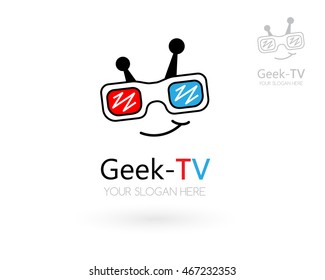 Geek TV logo template. Nerd icon for media, game or video studio.