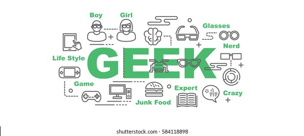 Geek-Vektorbanner-Design-Konzept, flacher Stil mit dünnen Linien-Kunst-Symbolen auf weißem Hintergrund
