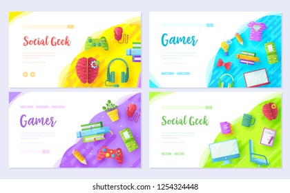 It geeks brochure card set. Office professional developer  template of flyear, web banner, ui header, enter site. Workplace technology layout invintation modern 