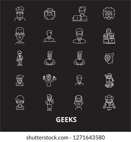 Geeks editable line icons vector set on black background. Geeks white outline illustrations, signs, symbols
