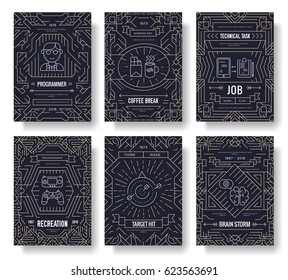 It geeks thin line brochure cards set. Office professional developer template of flyear, magazines, posters, book cover, banners. Outline invitation concept. Workplace technology layout pages